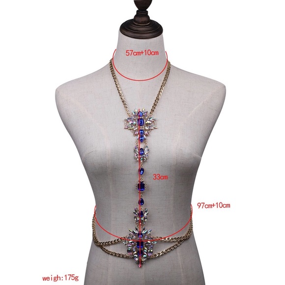 Boho Long Crystal Rhinestone Body Necklace Harness - Picture 8 of 8